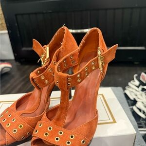Nine West Orange Suede Heels with Gold Accents